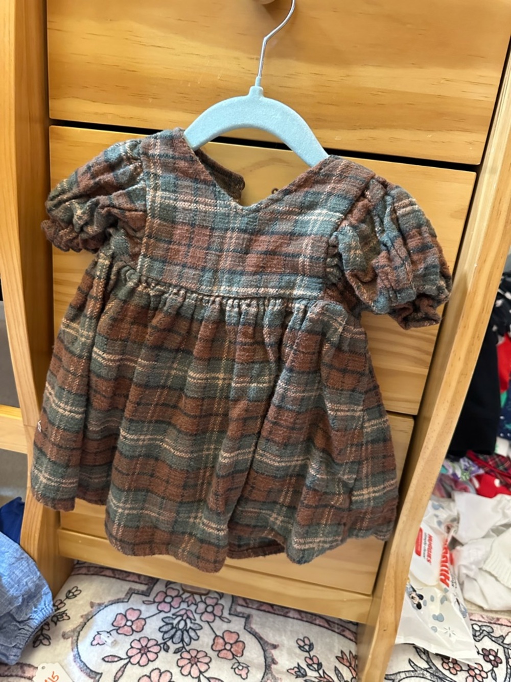 Rylee + Cru Brown and Teal Plaid Puff-Sleeve Dress